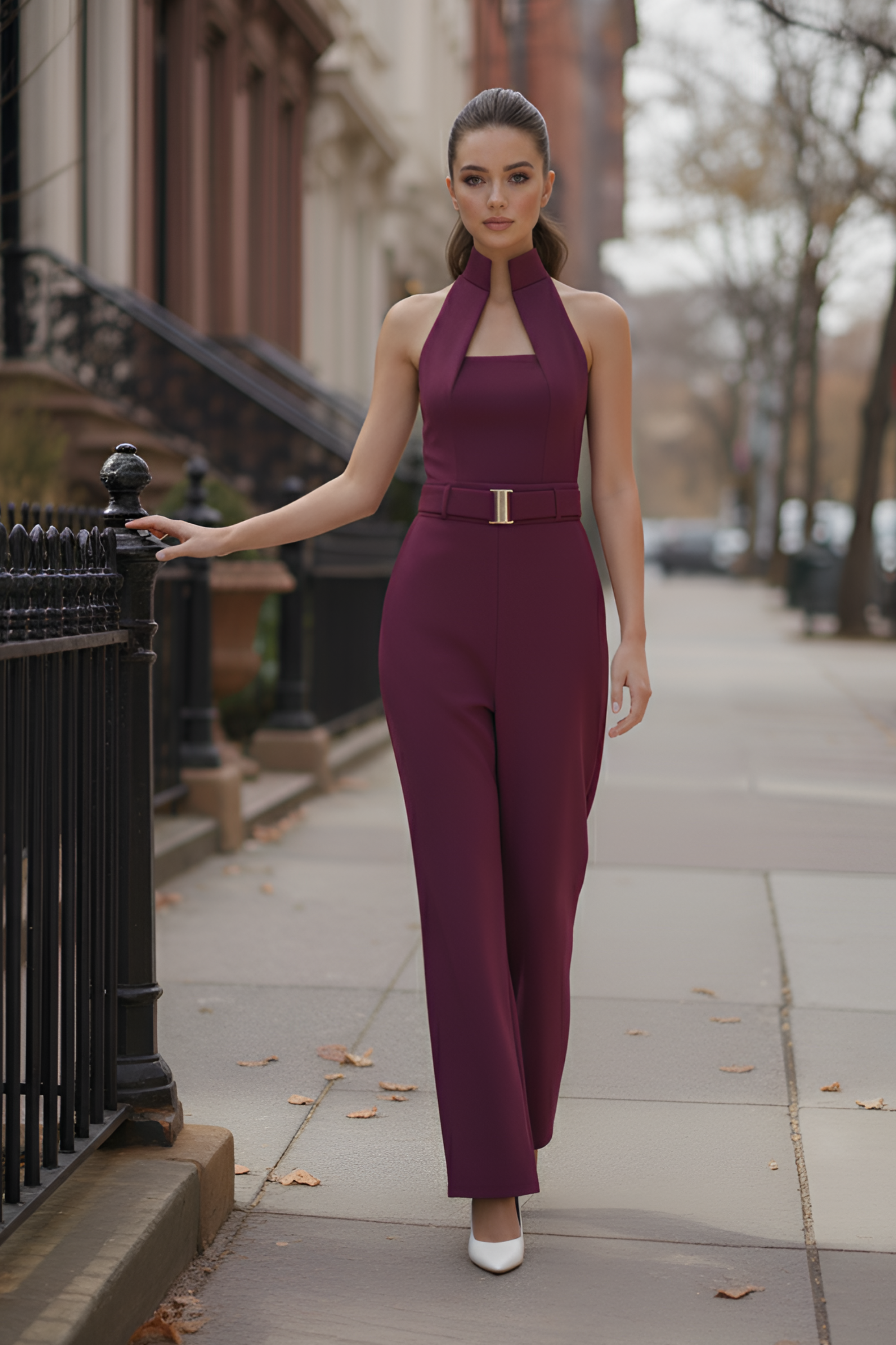Wine High-Collar Jumpsuit – Gold Buckle